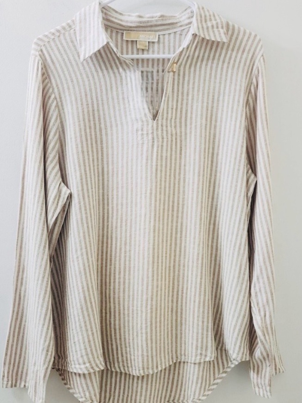 Michael Kors Beige and White Striped Collared Top